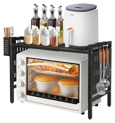 Produktbild von Mikrowellenregal - 2-stöckiges Küchenstandregal - Ausziehbar 38–67 cm - Verstellbar - Metall mit 6 Haken - Schwarz