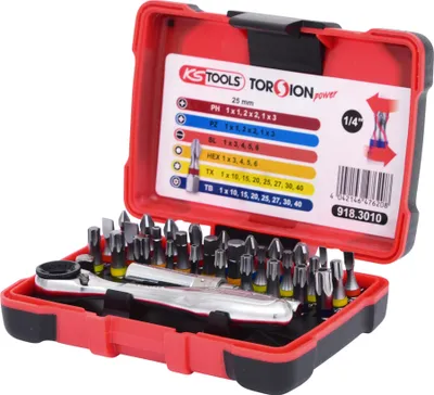 Obrázok produktu pre KS Tools 918.3010, 32 kusov, PH 1, PH 2, PH 3, PZ 1, PZ 2, PZ 3, T10, T15, T20, T25, T27, T30, T40, Niklová oceľ, 353 g