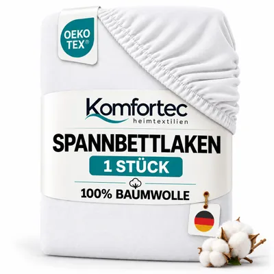 Produktbild von Komfortec Jersey Spannbettlaken 180x200 cm, 100% Baumwolle, Weiß