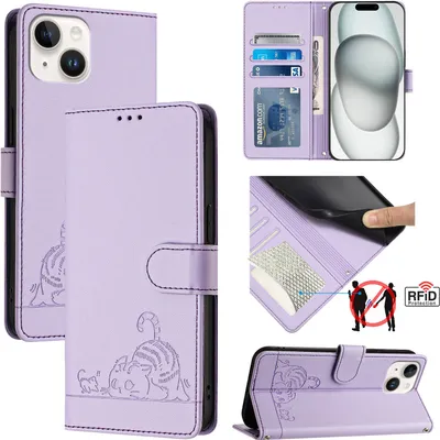 Produktbild von Leder Hülle für iPhone 13 / iPhone 14 Süße Katze Flip Case Brieftasche Schutzhülle mit Standfunktion Lila