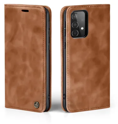 A brown leather flip case for a smartphone, shown from the front and side.