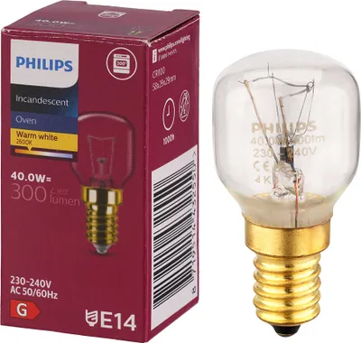 A Philips oven light bulb and its packaging are shown.