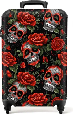Produktbild von NoBoringSuitcases.com® Koffer Handgepäck Trolley Rollkoffer Kleine Reisekoffer mit 4 Rollen - Totenkopf - Rosen - Rot - Blumen - Botanisch - Totenkopf - Totenkopf - Cabin Size < 55x40x23 cm & 55x40x20 cm - Fotokoffer - Kabinenkoffer - BoardgepäckHandgepäck Koffer 55x35x20 cm, 36L,