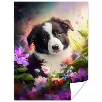 Produktbild von MuchoWow® Poster Welpe - Sonne - Blumen - Natur - Border Collie - Hund 120x160 cm - Wandbilder