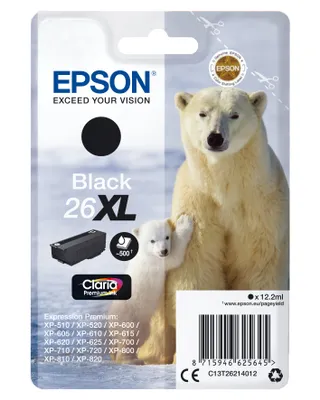 Produktbild von Epson Singlepack Black 26XL Claria Premium Ink, Hohe (XL-) Ausbeute, Schwarz, Tinte auf Pigmentbasis, 12,2 ml, 1 Stück(e), 500 Seiten