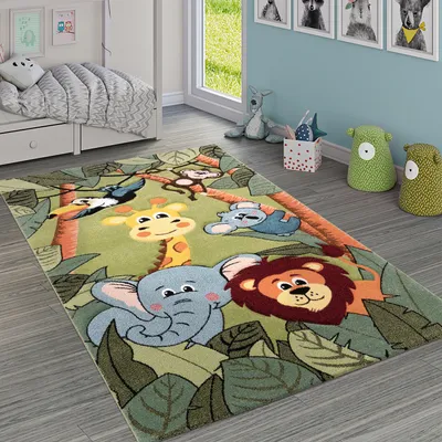 Produktbild von Kinderteppich Kinderzimmer Dschungel Tiere Giraffe Löwe Affe Nilpferd Grün Grösse 200x290 cm