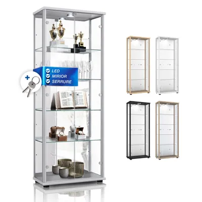 Image de K-Möbel Vitrine en verre debout en alu / argent (176x67x33 cm) avec 4 étagères en verre réglables en hauteur, miroir, serrure & LED - Vitrine debout - Armoire vitrine