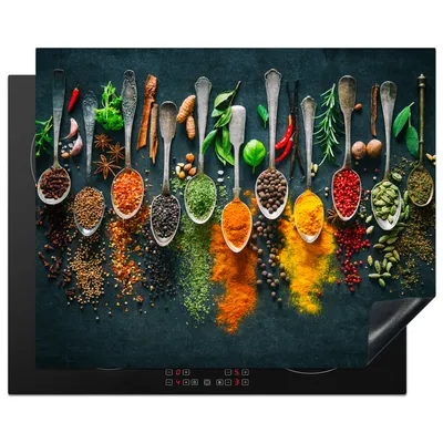 Obrázok produktu pre KitchenYeah® Kryt na varnú dosku bylinky - korenie - lyžica, 65x52cm, kuchynská dekorácia, keramický kryt varnej dosky, krycia doska na varnú dosku