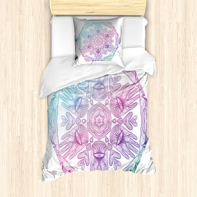 Produktbild von ABAKUHAUS Hamsa Mantele, Evil Eye Bohemian Ombre, Milbensicher Allergiker geeignet mit Kissenbezügen, 135 cm x 200 cm - 80 x 80 cm, Blau Lila