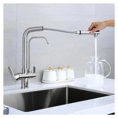Produktbild von 3-Wege Küchenarmatur mit Brause, Ausziehbare Küchenarmatur, 360° drehbar, Mischbatterie für Wasserfilter (Gebürstet)