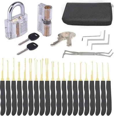 Produktbild von Famanu Lock Pick Set 28-teilig mit transparentem Vorhängeschloss - Übungssatz für Einsteiger und Profis
