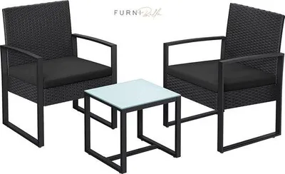 Image de Ensemble de salon en polyrotin, comprenant une table et deux chaises, facile à monter, pour la terrasse