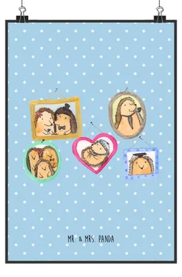 Produktbild von Mr. & Mrs. Panda Bild Igel Familie DIN A2 - Blau Pastell - Geschenk, Muttertag, wanddeko, drucke, Posterdruck, Papa, Bruder, Wandbild, Bilder