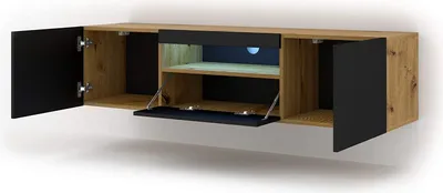 Obrázek produktu pro Nízká TV skříňka Aura 150 cm Závěsná nebo stojící univerzální podstavná skříňka TV stolek TV deska Příborník HiFi stolek Závěsná skříňka Artisan Dub a černý mat s LED diodami