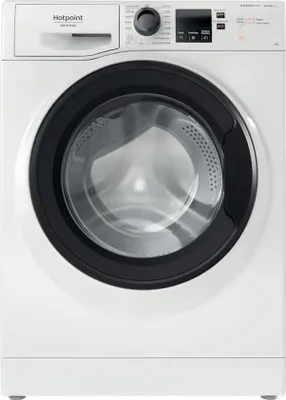 A front-on studio shot of a white Hotpoint washing machine.