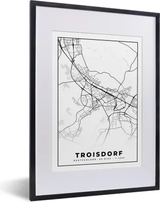 Produktbild von MuchoWow® Gerahmtes Poster Karte - Troisdorf - Stadtplan 30x40 cm - Poster mit Schwarzem Bilderrahmen Wandposter Rahmen Foto Bilder - Wandposter Schlafzimmer