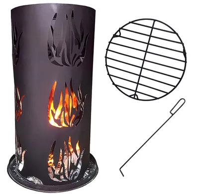 A fire pit column with flame cutouts, a grill grate, and a poker stick, displayed on a white background.