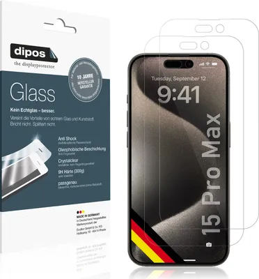 A product packaging box and two screen protectors for an iPhone 15 Pro Max.