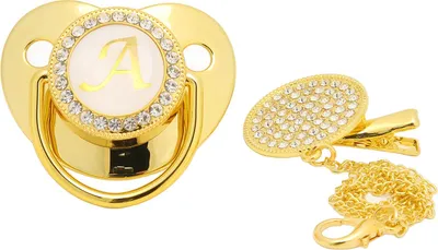 Obrázek produktu pro Zlatý dětský dudlík zakřivený design 26 písmen bezpečné materiály zdravé bling s klipy pro 6 až 18 měsíců a