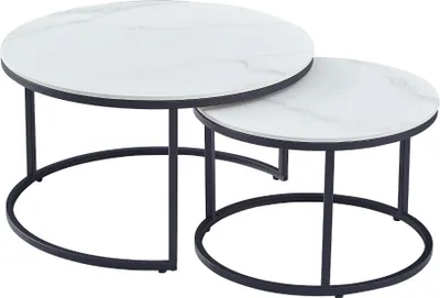 Immagine prodotto di CasaDolce set di 2 tavolini TANINA, bianco, 80x41 e 60x37 cm, piani rotondi, pietra sinterizzata, motivo marmo