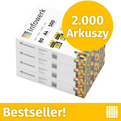 Zdjęcie produktu dla NOWOŚĆ: Infowerk Papier do drukarek i kopiarek, 2000 arkuszy, 4 x 500, A4, Premium, ekstra biały, CIE 160, Zwycięzca testów, Certyfikat PEFC