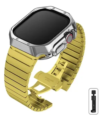 Image de Bracelet en acier inoxydable avec coque de protection en TPU pour montre connectée - Bracelet et coque - 42/44/45 mm - Or/Argent