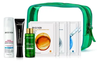 Image de Coffret cadeau pour les soins du visage, comprenant 9 produits : sérum à la rétinol, crème pour le visage et crème pour les yeux. Effet anti-âge et hydratant. Livré avec une trousse de cosmétiques. Adapté aux femmes et aux hommes