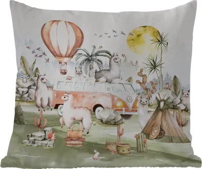 Produktbild von MuchoWow® Outdoor Kissen - Alpaka - Tiere - Kinder - Heißluftballon - Kinder - 60x60 cm - Wetterfest - Lounge Kissen - Dekoration - Schlaf Kissen