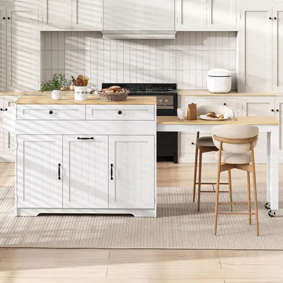 Immagine prodotto di Isola mobile per cucina con cassetti e ripiano laterale estendibile, carrello da cucina con ruote e piano di lavoro, mobiletto da cucina, colore bianco
