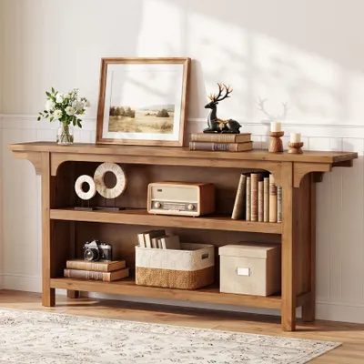 Produktbild von Tribesigns 160 cm langer Konsolentisch aus Massivholz mit 3 Ablageflächen, schmaler Sofatisch, für Flur, Wohnzimmer oder Eingangsbereich