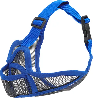 A blue mesh dog muzzle with adjustable straps, shown against a white background.