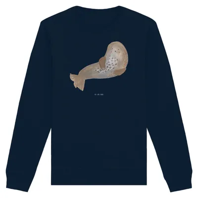 Produktbild von Mr. & Mrs. Panda Baumwoll Pullover Robbe Lachen Größe XL - French Navy - Geschenk, Ostsee, Sweatshirt, Robben, Strand, Sweater, Lustige Sprüche, Meerestier, Pulli