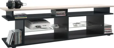 Produktbild von Vladon TV Board Movie V3 Game On 138,5 x 39 x 37,5 cm , Korpus in Schwarz matt, Game Aufsatz in Sandgrau Hochglanz