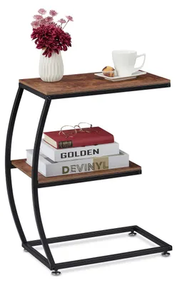 Beistelltisch industriell, 2 Ebenen, U-Form, Metall & Holz, 57,5x47,5x25 cm