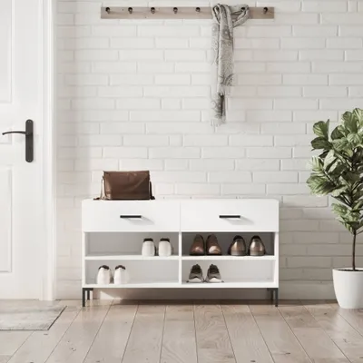 Zdjęcie produktu dla vidaXL Ławka na buty biała 102x35x55 cm Materiał drewnopochodny - Ławka na buty - Ławki na buty - Ławka z miejscem do przechowywania - Stojak na buty