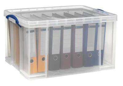 A clear plastic storage box filled with ring binders.