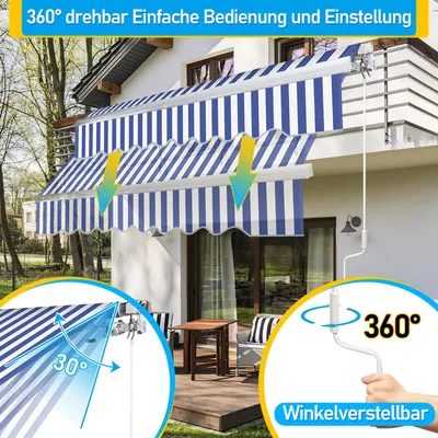 Produktbild von Faziango 300x250cm Sonnenmarkise Gelenkarmmarkise Aluminium Markise Klemmarkise mit Handkurbel Balkonmarkise Sonnenschutz Blau Weiß