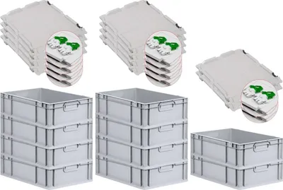 Produktbild von SuperSparSet 10x Eurobox NextGen Grip mit Scharnierdeckel und grünen Schiebeschnappverschlüssen | HxBxT 17x40x60cm | 34 Liter | Grau | Griffe geschlossen | Glatter Boden | Eurobehälter, Transportbox, Transportbehälter, Stapelbehälter