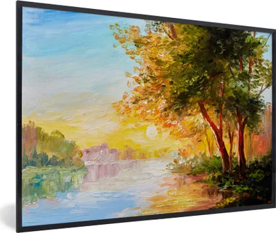 Produktbild von MuchoWow® Gerahmtes Poster Natur - Malerei - Baum - Wasser 90x60 cm - Poster mit Schwarzem Bilderrahmen Wandposter Rahmen Foto Bilder - Fotorahmen - Foto-Plakat