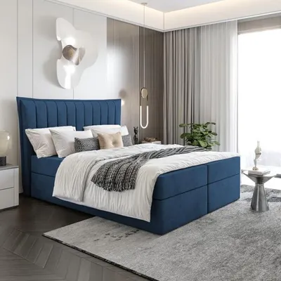 Produktbild von Bett Boxspringbett LUNA ohne Topper mit Bettkästen - Doppelbett, Stauraum, Schlafzimmer, Polsterbett, Bettgestell (180x200, Dunkelblau - ITAKA 11)