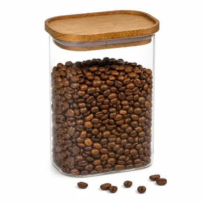 Produktbild von Glas-Vorratsdose 1,3 Liter – Rechteckiger Aufbewahrungsbehälter mit Holzdeckel – Luftdichte Vorratsdose für Kaffee, Reis und Nüsse – Transparent, KI-generiertes Bild