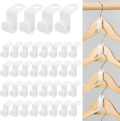 A split image showing a collection of white plastic hanger hooks on the left and a close-up of them in use on the right, organizing clothes on hangers.