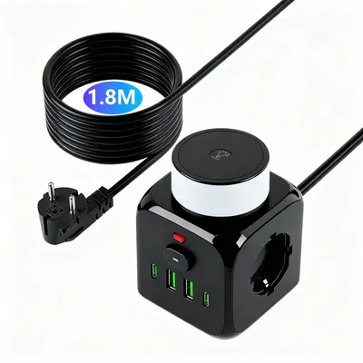 Immagine prodotto di Ciabatta multipresa da 3 prese, con 4 porte USB, con spina piatta, interruttore, prese e connettori, colore nero