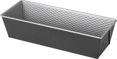 A loaf pan is shown from a diagonal angle against a white background.