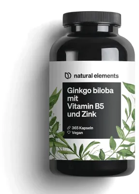 Produktbild von Ginkgo Biloba mit Vitamin B5 & Zink Kapseln - 365 Kapseln_für 12 Monate