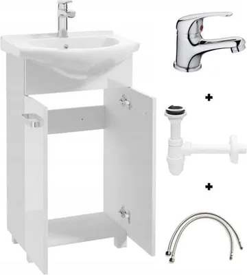 A white bathroom vanity set with a sink and faucet, along with plumbing parts, displayed against a white background.