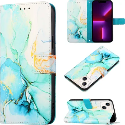 Produktbild von iPhone 13 Mini Hülle, Marmor Motiv Kunstleder Tasche Wallet Kartenfächer mit Standfunktion Klapp Schutzhülle für iPhone 13 Mini Grün