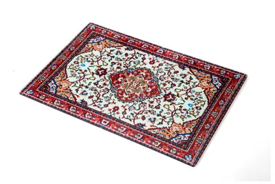 A rectangular rug with an oriental design is shown on a white background.