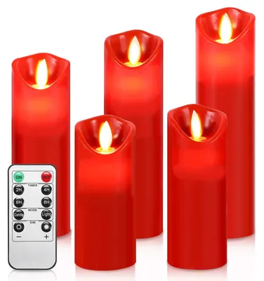 Zdjęcie produktu dla Zestaw 5 sztuk świec LED, prawdziwy wosk, imitujące płomień, bez płomienia, z pilotem, funkcją timera i wielostopniową regulacją jasności, ruchomy płomień, czerwone świece