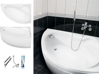 Produktbild von ECOLAM Badewanne Eckbadewanne Acryl Bianka weiß 150x95 cm RECHTS + Schürze Ablaufgarnitur Ab- und Überlauf Automatik Füße Silikon